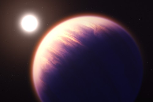 Image of WASP-39 b orbiting its star, WASP-39. The planet is a large and purple gas giant